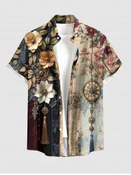 Chemise hawaïenne pour homme - Motifs fleurs, horloge, glands, boutons imprimés, poche - Bronze M