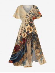 Vintage Flower Tassel Print Split Hawaii Midi Dress -  