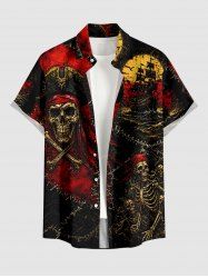 Halloween Skull Pirate Sailboat Sea Waves Cruise Print Buttons Pocket Shirt For Men -  