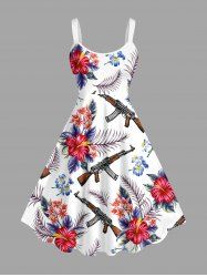 Hibiscus Flower Leaf Gun Print Hawaii Tank Dress(Adjustable Shoulder Strap) -  