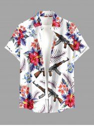 Chemise hawaïenne pour homme avec motifs hibiscus, feuille et pistolet, boutons et poche - Rouge Rose M
