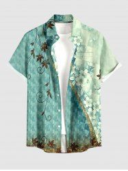 Chemise hawaïenne pour homme avec boutons et poche, imprimé feuilles et fleurs - Turquoise Foncée S