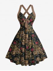 Robe débardeur Hawaï à imprimé feuilles et fleurs de rose, bretelles croisées et nœud - marron foncé XS