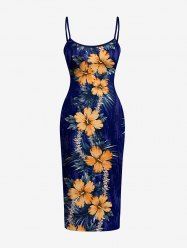 Robe Hawaii imprimé feuilles tropicales et fleurs d'hibiscus - Bleu profond XXS