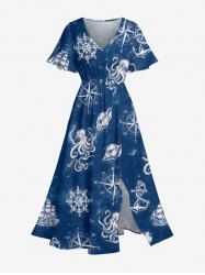 Octopus Anchor Conch Print Hawaii Cruise Split Pocket A Line Midi Dress -  