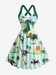 Coconut Tree Dinosaur Sun Print Hawaii Halter Crisscross Strappy A Line Dress -  