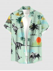 Chemise hawaïenne pour homme à imprimé cocotier, dinosaure et soleil, avec poche boutonnée - Vert clair S