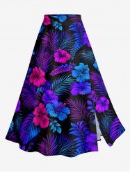 Tropical Leaf Hibiscus Flower Print Hawaii Split A Line Skirt -  
