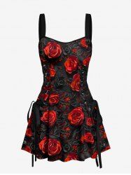 Robe trapèze hawaïenne à lacets à imprimé 3D fleur de rose - Rouge Vineux XS