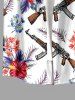 Chemise hawaïenne pour homme avec motifs hibiscus, feuille et pistolet, boutons et poche - Rouge Rose M