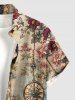 Chemise hawaïenne pour homme - Motifs fleurs, horloge, glands, boutons imprimés, poche - Bronze M