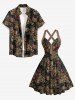 Robe débardeur Hawaï à imprimé feuilles et fleurs de rose, bretelles croisées et nœud - marron foncé XS