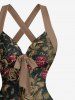 Robe débardeur Hawaï à imprimé feuilles et fleurs de rose, bretelles croisées et nœud - marron foncé XS