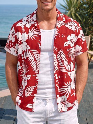 Chemise hawaïenne à motifs de feuilles tropicales et d'hibiscus, avec boutons et poche, pour homme - RED - S