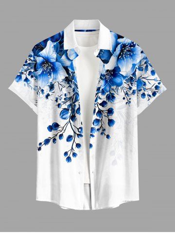 Flowers Leaf Print Buttons Pocket Hawaii Shirt For Men - BLUE - 4XL