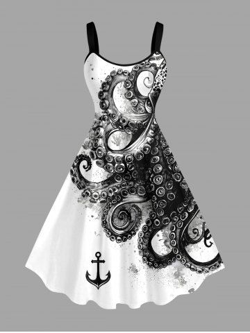 Robe débardeur Hawaii à imprimé pieuvre et ancre éclaboussures de peinture (Bretelle réglable) - WHITE - 1X