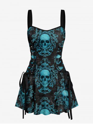 Halloween Skulls Floral Magic Mirror Print Lace Up Tank Dress - PEACOCK BLUE - S