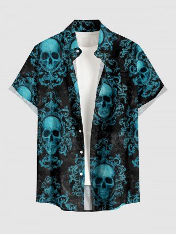 Chemise Halloween à motif crânes floraux miroir magique, avec boutons et poche, pour homme - PEACOCK BLUE - 4XL
