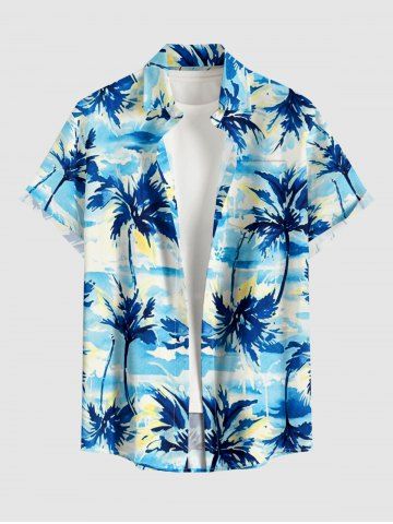Coconut Tree Sea Print Hawaii Button Pocket Shirt For Men - BLUE - XL