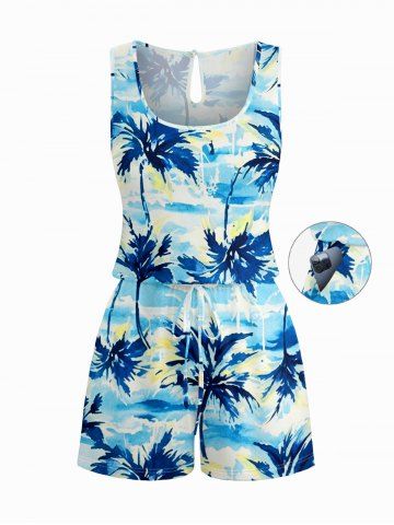 Combinaison à imprimé cocotier et mer d'Hawaï avec poches à cordon - BLUE - L