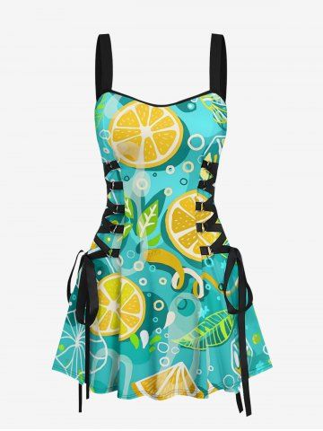 Tropical Leaf Lemon Print Hawaii Lace Up A Line Dress - TURQUOISE - M