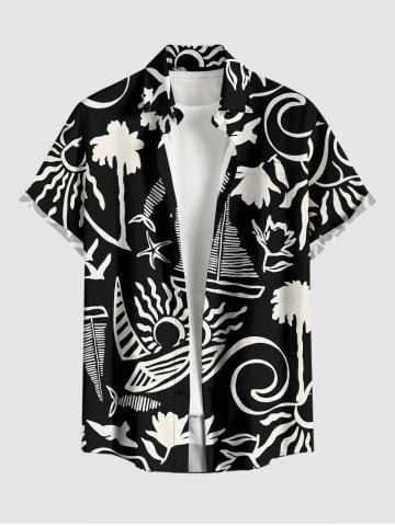 Coconut Tree Sun Sailboat Print Hawaii Button Pocket Shirt For Men - BLACK - S