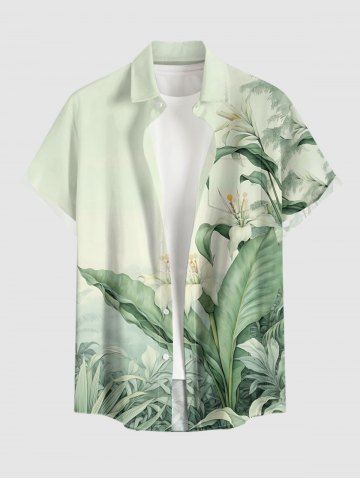 Tropical Leaf Flower Plant Print Hawaii Button Pocket Shirt For Men - LIGHT GREEN - 4XL