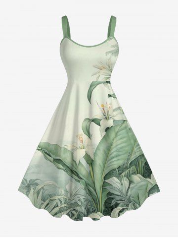Robe trapèze imprimé tropical feuilles et fleurs Hawaii - LIGHT GREEN - M