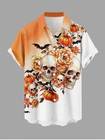 Skulls Flower Pumpkin Bat Print Halloween Button Pocket Shirt For Men - ORANGE - S