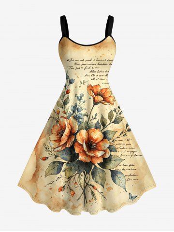 Robe trapèze hawaïenne à imprimé fleurs, feuilles, branches et lettres - LIGHT COFFEE - 2X