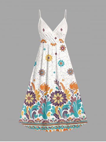 Flowers Leaf Print Surplice Hawaii Cami Dress - WHITE - S
