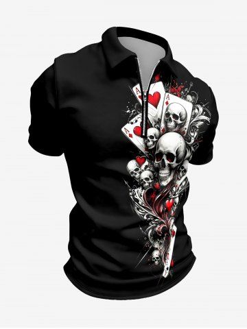 Skulls Poker Heart Print Halloween Zipper Polo Shirt For Men - BLACK - XS