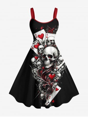 Robe trapèze Halloween à imprimé crânes et cœur poker - BLACK - 2X