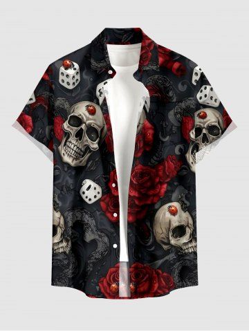 Skulls Rose Flower Insect Dice Print Halloween Button Pocket Shirt For Men - RED - 5XL