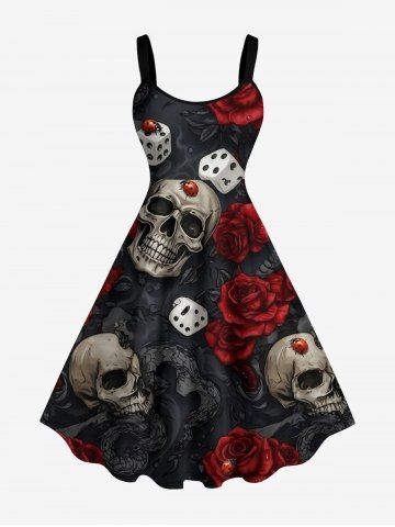 Robe trapèze Halloween à imprimé crânes, roses, fleurs, insectes et dés - RED - 1X