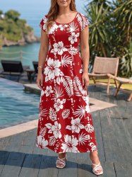Tropical Leaf Hibiscus Flower Print Hawaii A Line Dress -  