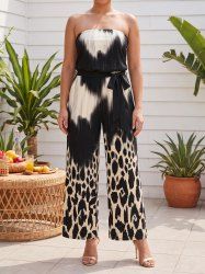 Leopard Ombre Print Hawaii Pocket Jumpsuit with Removable Belt and Shoulder Strap -  