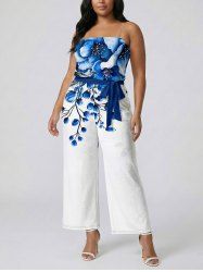 Flowers Leaf Print Pocket Hawaii Jumpsuit With Removable Belt and Shoulder Straps -  