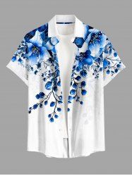 Chemise hawaïenne pour homme à imprimé fleurs et feuilles, avec boutons et poche - Bleu S