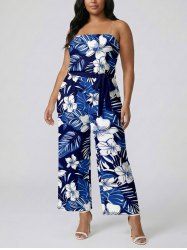 Flowers Leaf Print Pocket Hawaii Jumpsuit With Removable Belt and Shoulder Straps -  