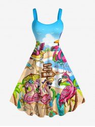 Flamingo Coconut Tree Seascape Rainbow Print Hawaii Tank Dress(Adjustable Shoulder Strap) -  