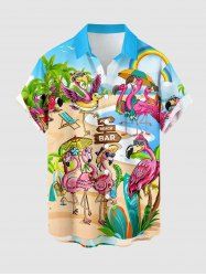 Flamingo Coconut Tree Seascape Rainbow Print Buttons Pocket Hawaii Shirt For Men -  