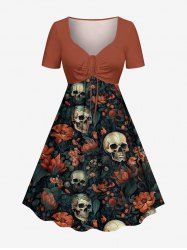 Skulls Flowers Leaf Print Hawaii Cinched Dress -  