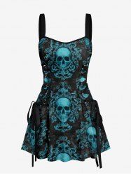 Halloween Skulls Floral Magic Mirror Print Lace Up Tank Dress - Paon Bleu L