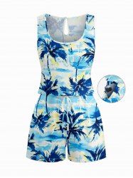 Coconut Tree Sea Print Hawaii Drawstring Pocket Romper -  