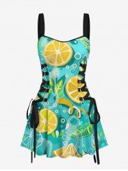 Robe trapèze à laçage Hawaii imprimé citron et feuilles tropicales - Turquoise XXL