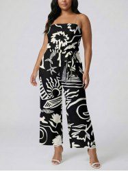 Coconut Tree Sun Sailboat Print Hawaii Pocket Jumpsuit with Removable Belt and Shoulder Strap -  