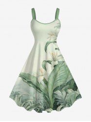 Tropical Leaf Flower Plant Print Hawaii A Line Dress -  
