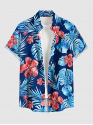 Tropical Leaf Hibiscus Flower Print Hawaii Button Pocket Shirt For Men -  