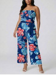 Tropical Leaf Hibiscus Flower Print Hawaii Pocket Jumpsuit with Removable Belt and Shoulder Strap -  